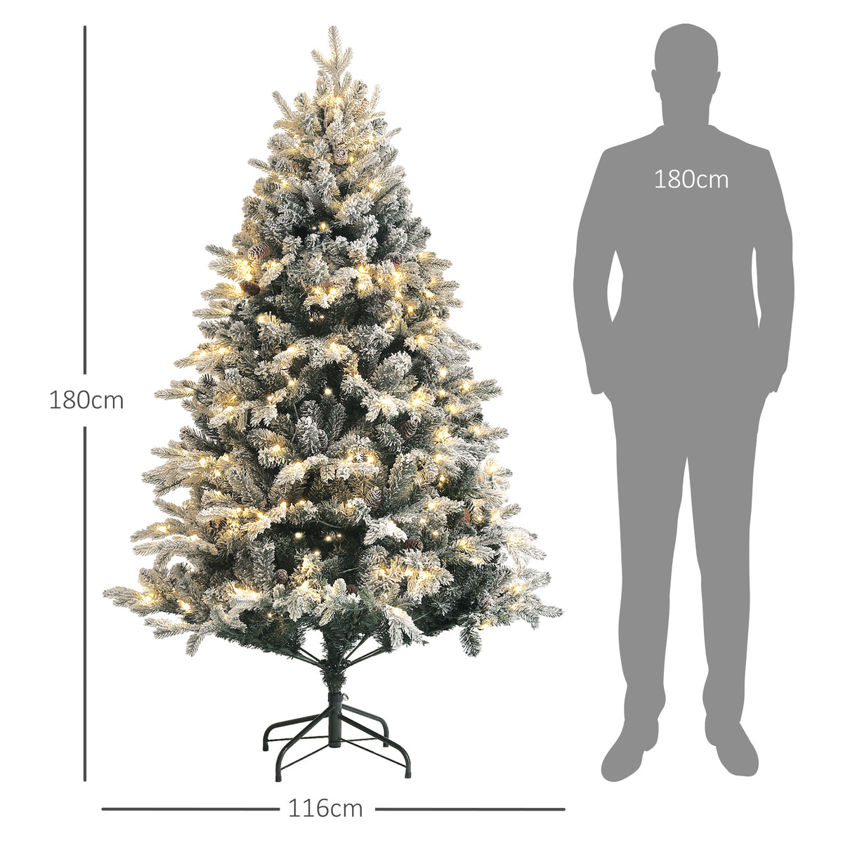 Sapin de Noël Artificiel 180 cm lumineux LED 793 Branches enneigées grand réalisme support en acier pliable Vert