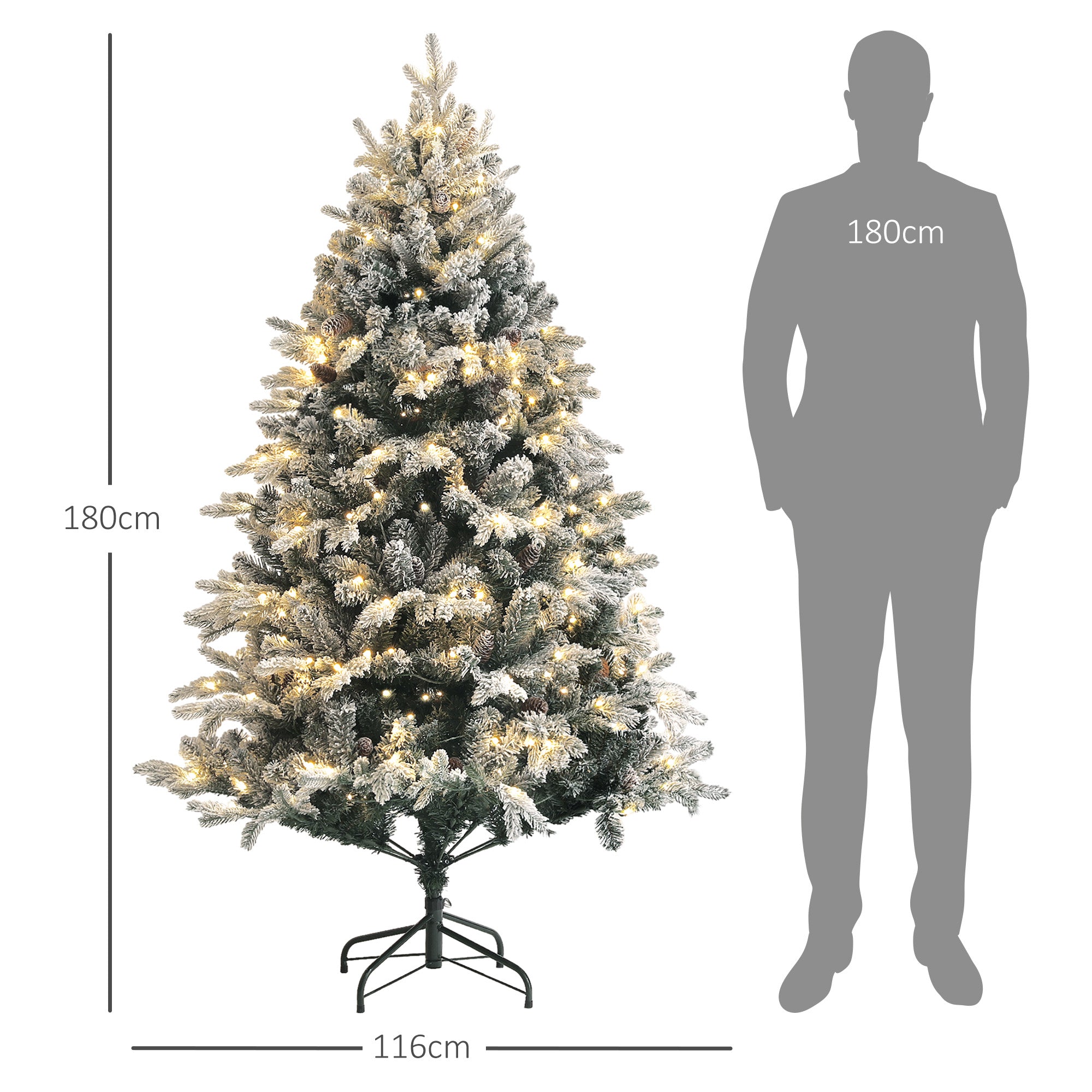 Künstlicher Weihnachtsbaum 180 cm LED beleuchtet, 793 beschneite Zweige, sehr realistisch, klappbarer Stahlständer, Grün