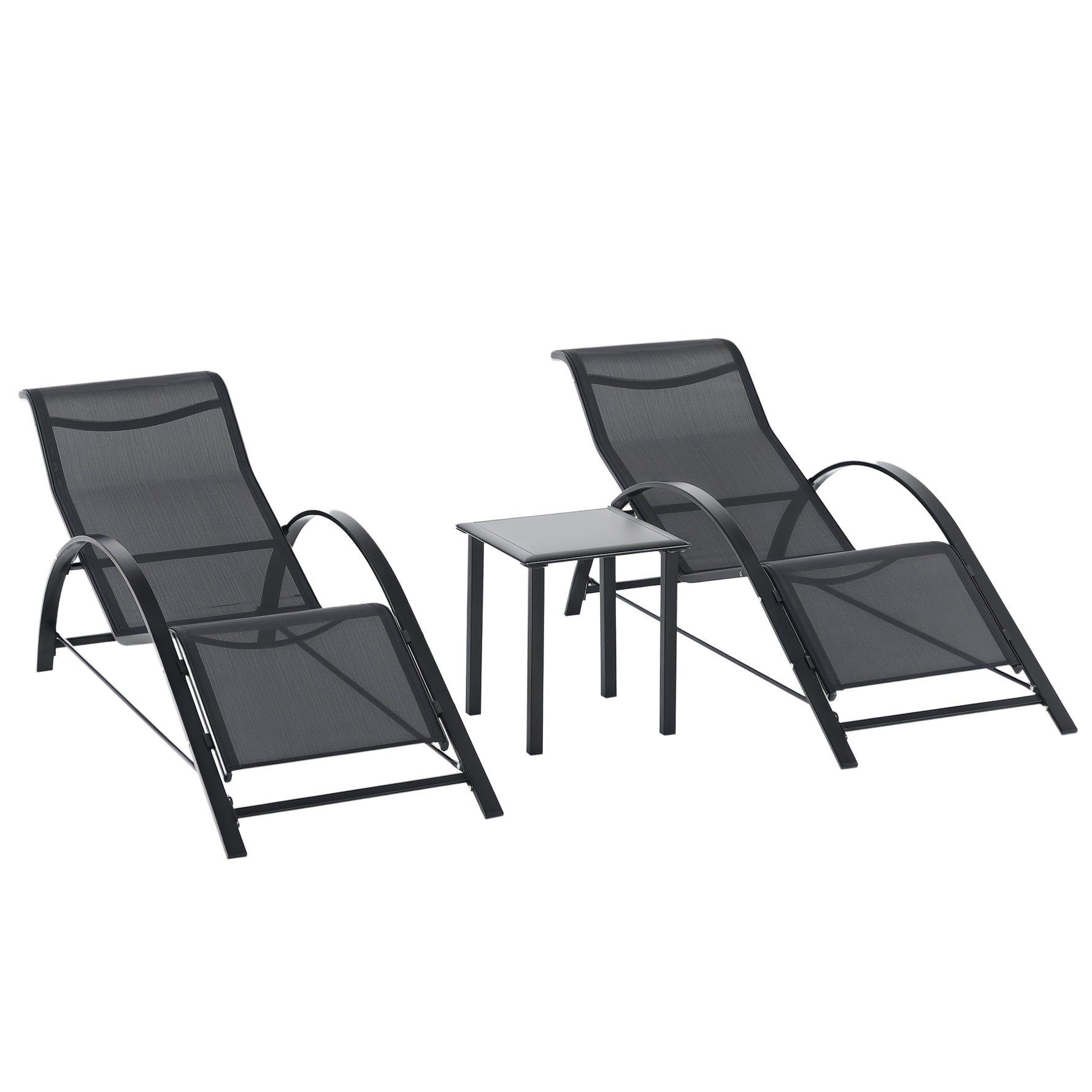 Lot de 2 bains de soleil chaise longue design contemporain table basse plateau verre trempé métal époxy textilène noir