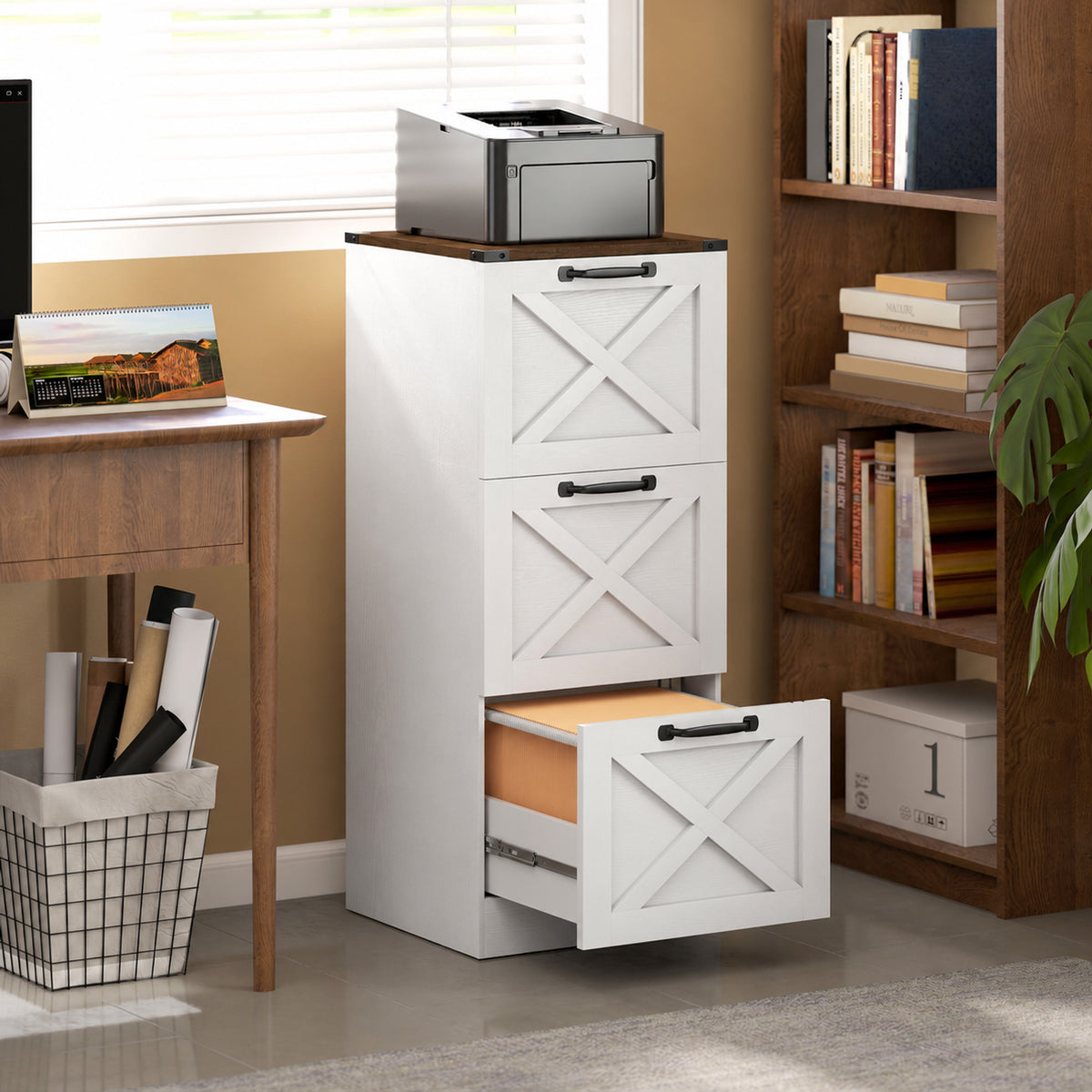 Cassettiera da ufficio con 3 cassetti, cartelle sospese per formati Lettera/A4, stile rustico, 40x40x101 cm, bianco