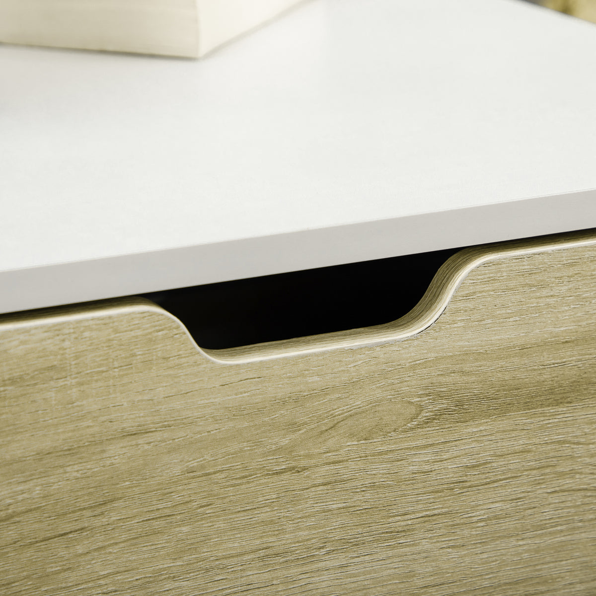 Table basse rectangulaire design contemporain 2 tiroirs 2 niches étagère verre trempé panneaux blanc aspect chêne clair