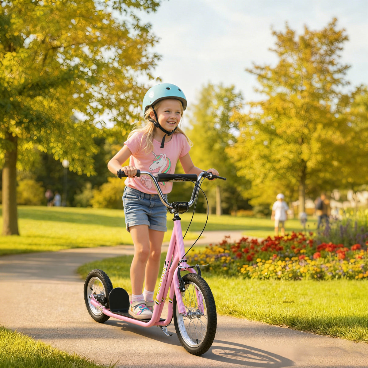 Kinderroller ab 5 Jahren, große Reifen, verstellbarer Lenker, Griffe, Bremsen und Ständer, Stahl, Pink