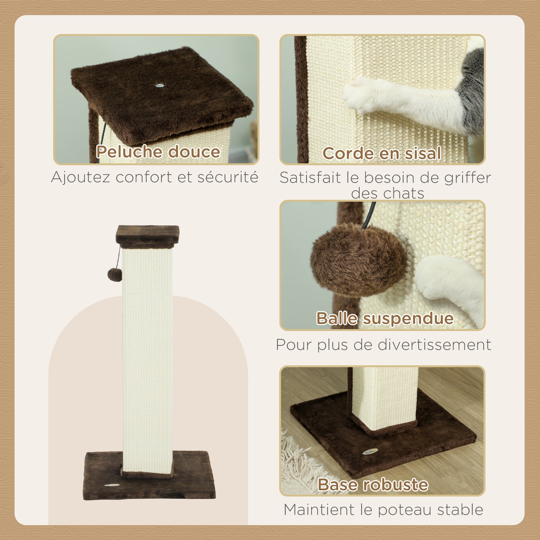 Griffoir pour chat poteau griffoir chat en sisal et peluche, boule suspendue base stable 41 x 41 x 81 cm marron et crème