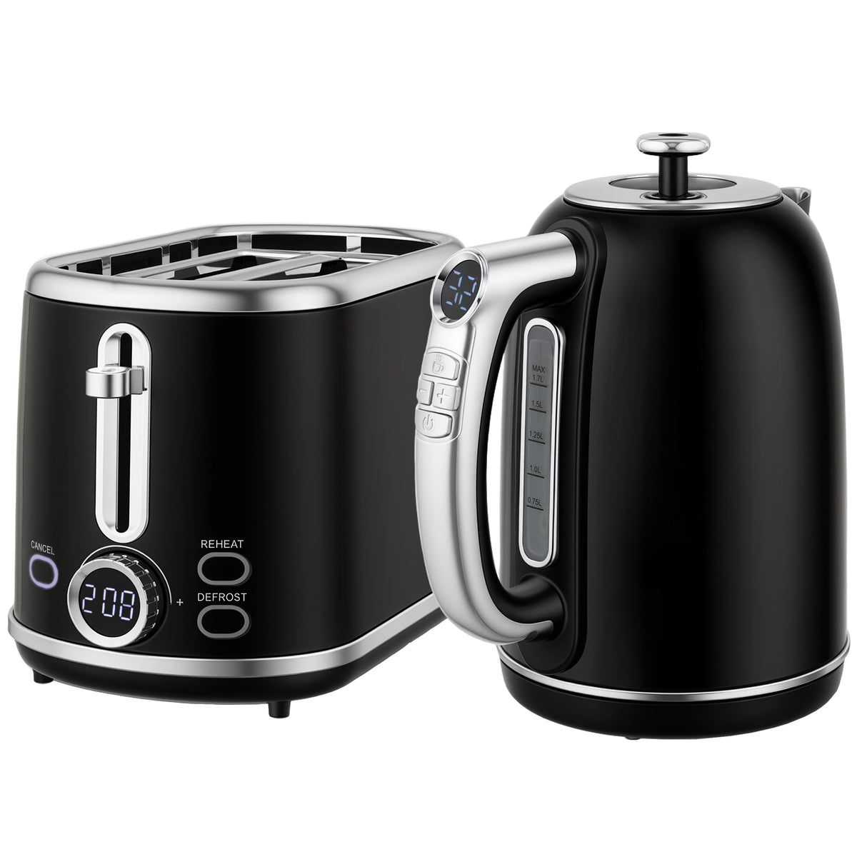 Ensemble bouilloire et grille-pain, bouilloire en acier inoxydable 1,7 L et 2200 W et grille-pain à 2 tranches, noir