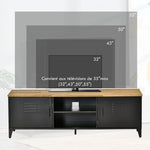 Meuble TV Banc TV pour téléviseurs de 55'' avec 2 Placards Pieds Réglables Cadre métalique noir Plateau en Bois Naturel 150 x 40 x 50 cm