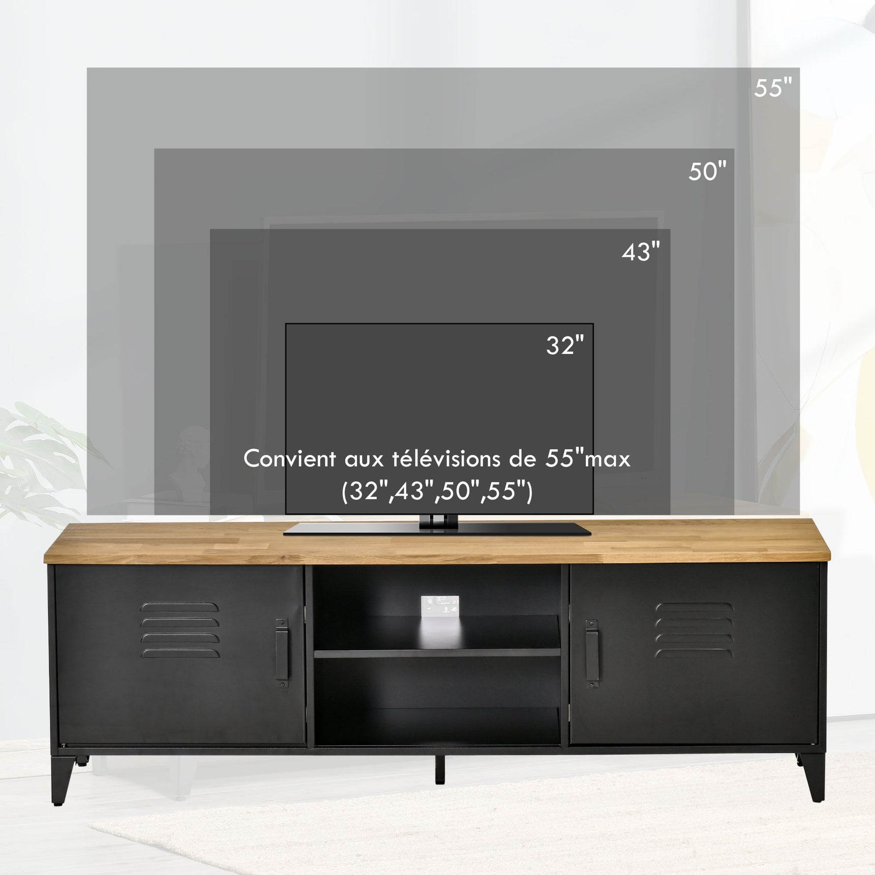 Meuble TV Banc TV pour téléviseurs de 55'' avec 2 Placards Pieds Réglables Cadre métalique noir Plateau en Bois Naturel 150 x 40 x 50 cm