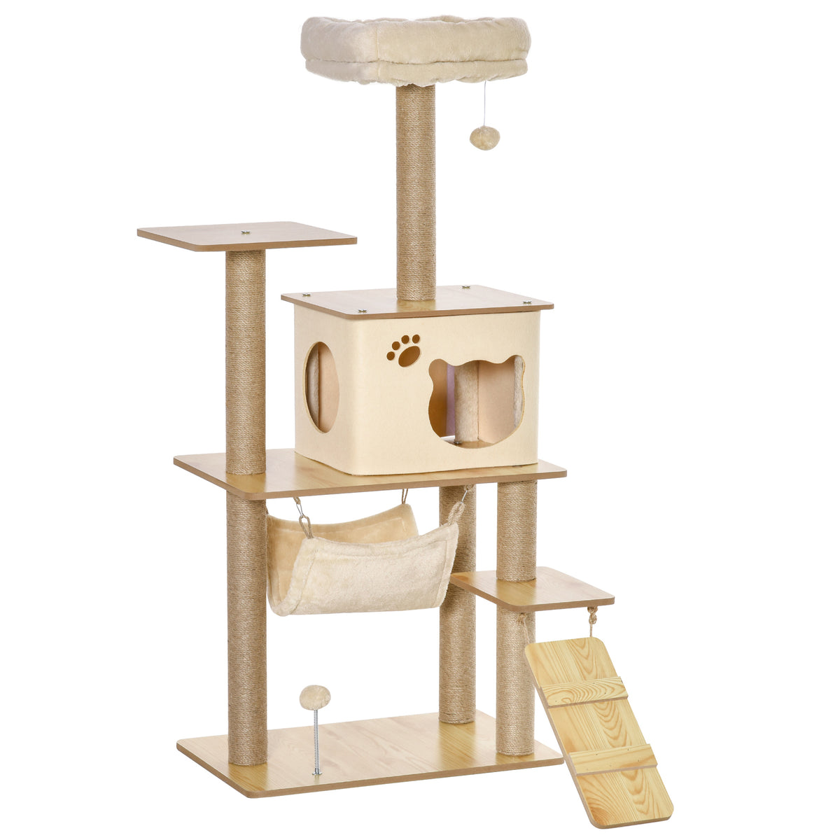 Krabpaal speeltoren voor katten, plateaus, huisje, bed, hangmat, ladder en krabpalen van jute 60x40x130cm geel