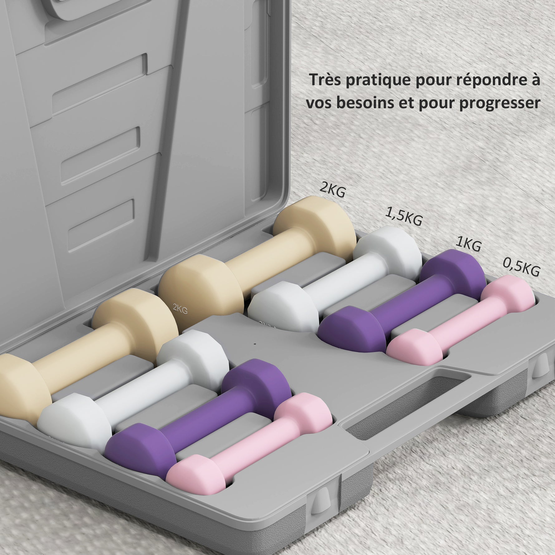 Ensemble d'haltères total 10 Kg - paires de 0,5/1/1,5/2 Kg avec mallette - entraînement musculaire - métal PU multicolore