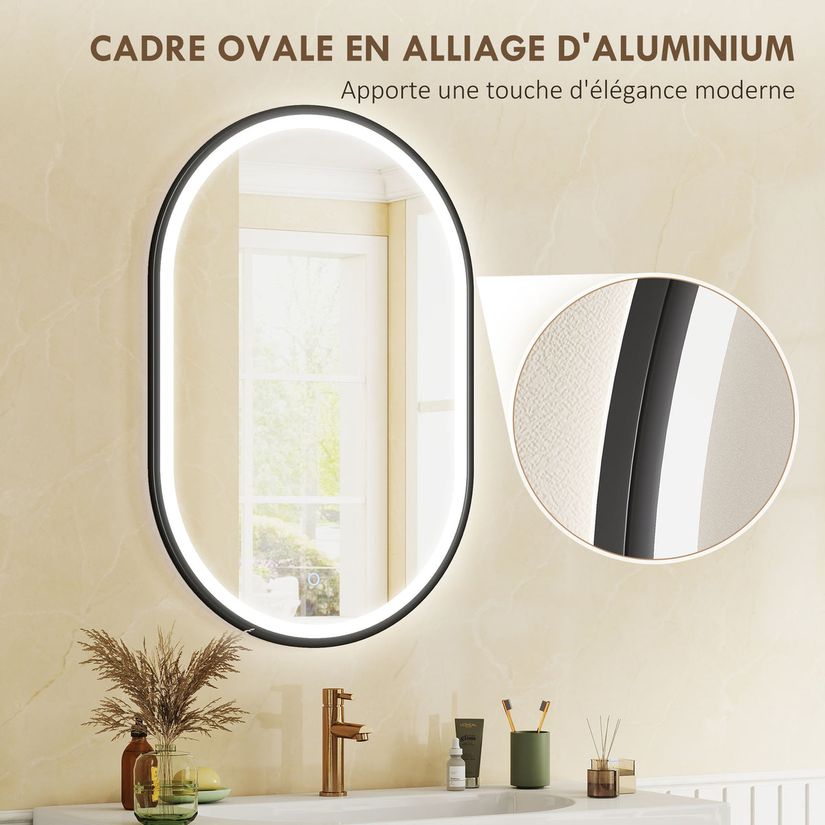Miroir salle de bain éclairage LED 50x70cm, miroir lumineux salle de bain mural interrupteur tactile, lumière 3 couleurs