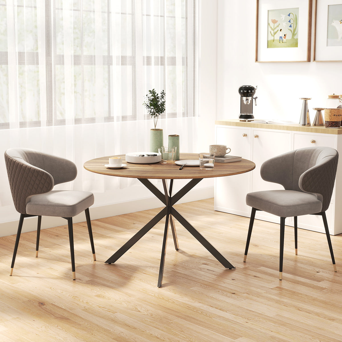 Tavolo da pranzo rotondo per 4 persone 120 cm stile industriale con piano effetto legno, base incrociata in acciaio, marrone