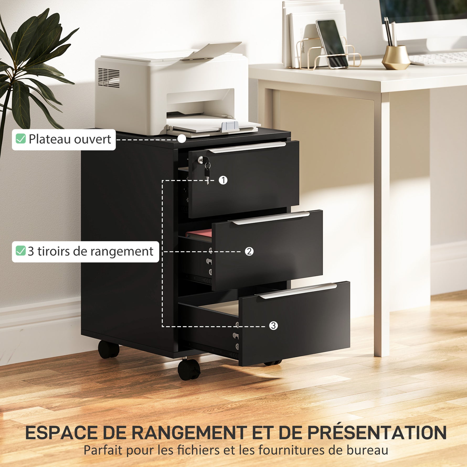 Caisson de bureau à roulettes avec 3 tiroirs et serrure, meuble rangement bureau sur roulettes, 40 x 40 x 63,5 cm, noir