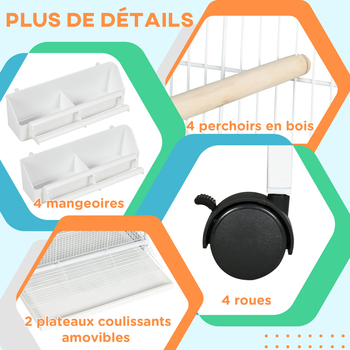 Volière intérieure cage à oiseaux sur roulettes design maison mangeoires perchoirs portes plateaux excréments amovibles
