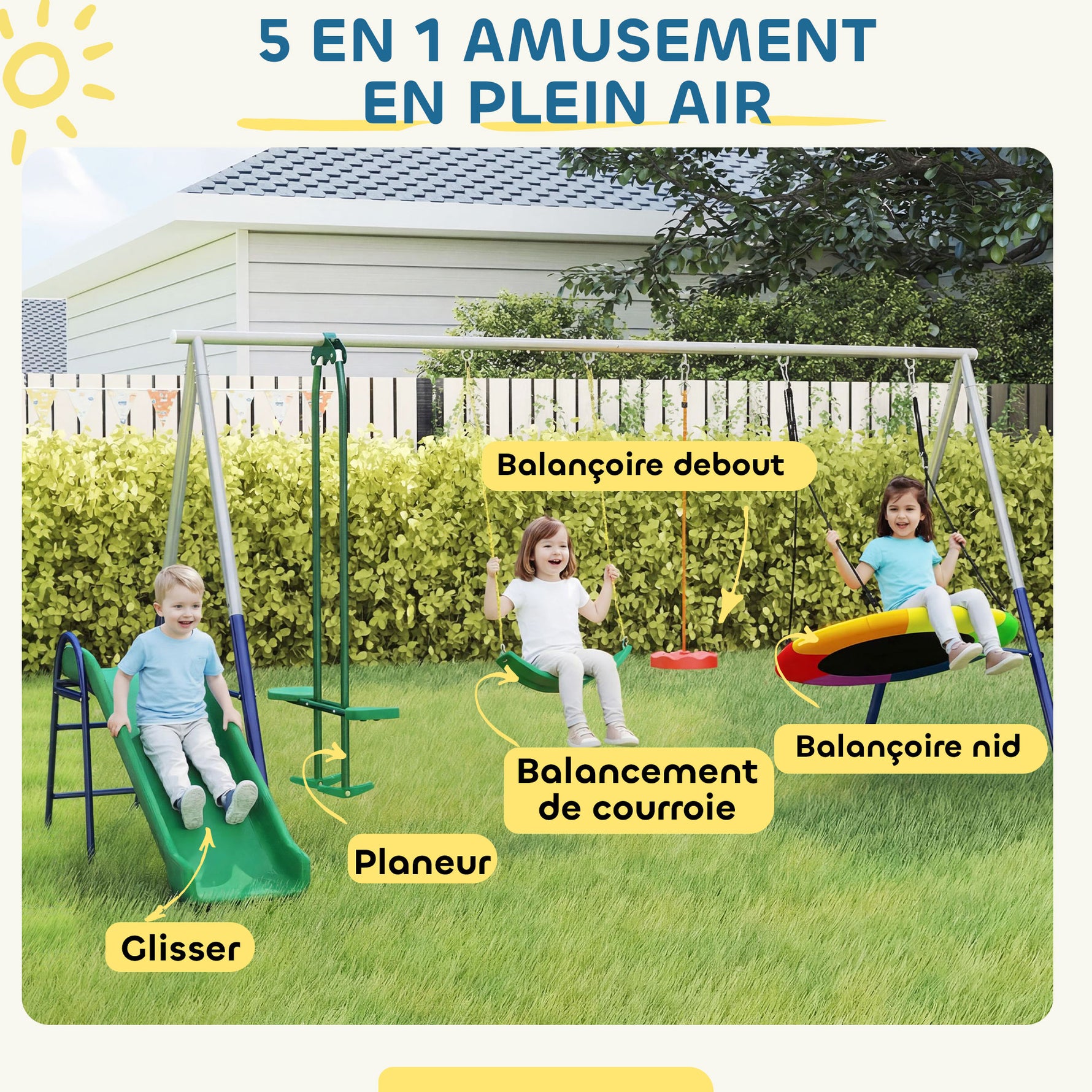 Balançoire Portique Enfants 5 en 1 avec Toboggan, 3 Balançoire, Face à Face, Hauteur Réglable, 3-8 ans, Multicolore
