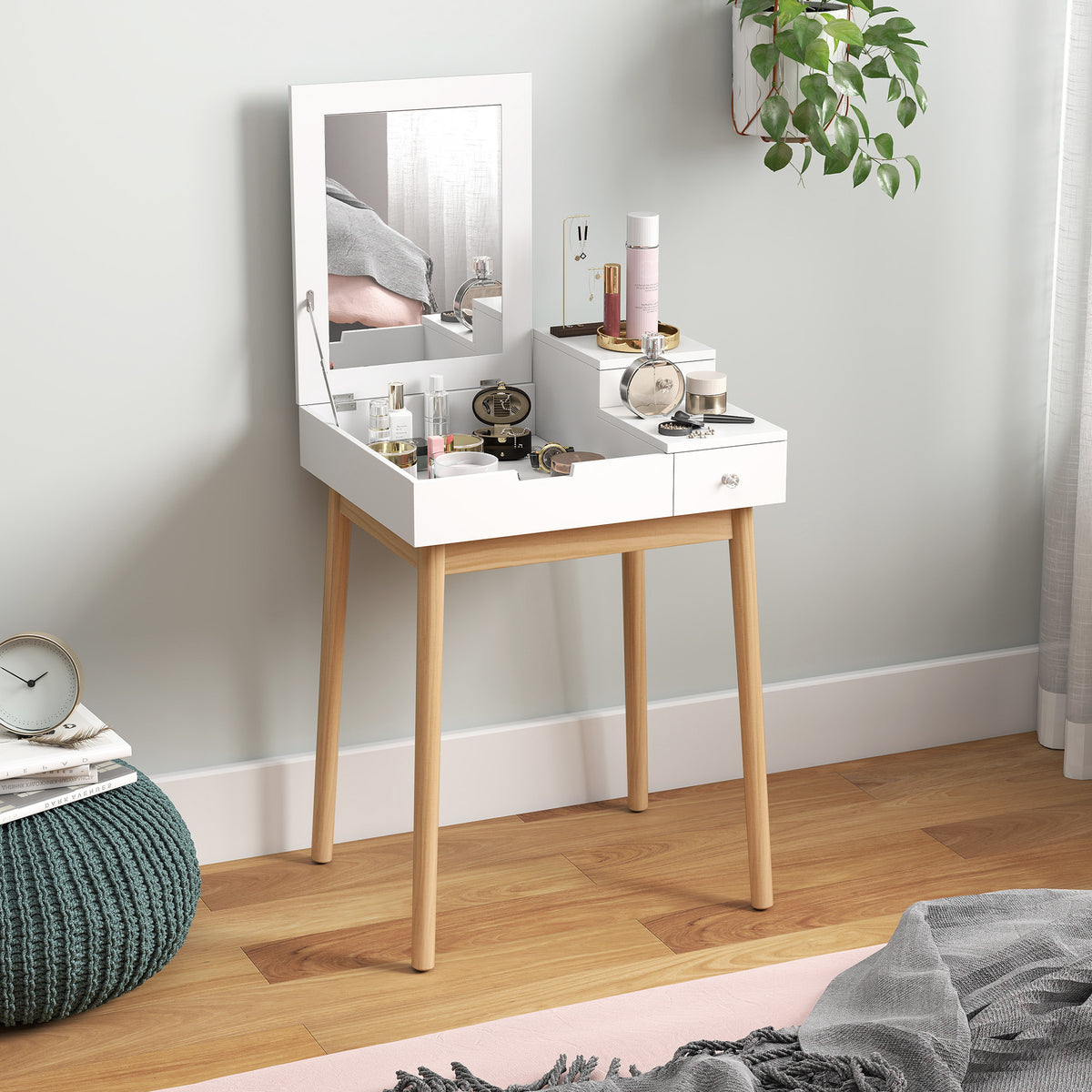 Toeletta con specchio tavolo da trucco stile moderno - 2 cassetti, specchio ribaltabile per camera da letto, soggiorno, 60 x 50 x 85,5 cm bianco