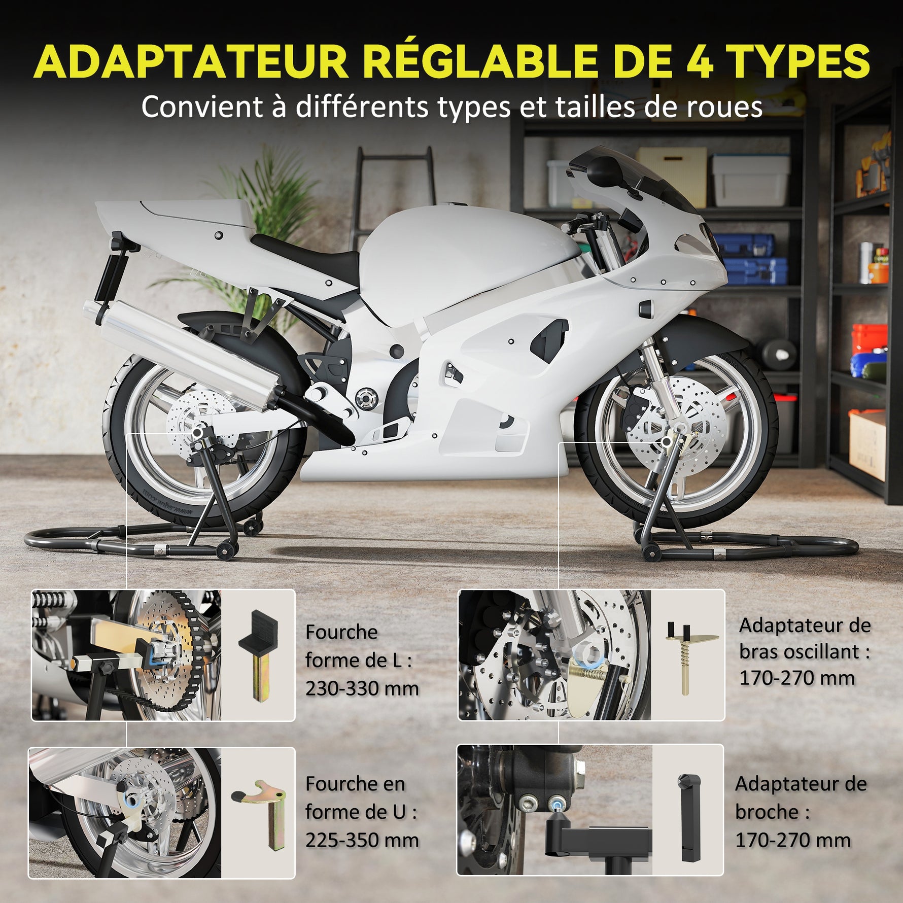 Béquille roue avant arrière charge 390 kg béquille d'atelier moto bras réglable en acier, fourche en forme de U + L noir