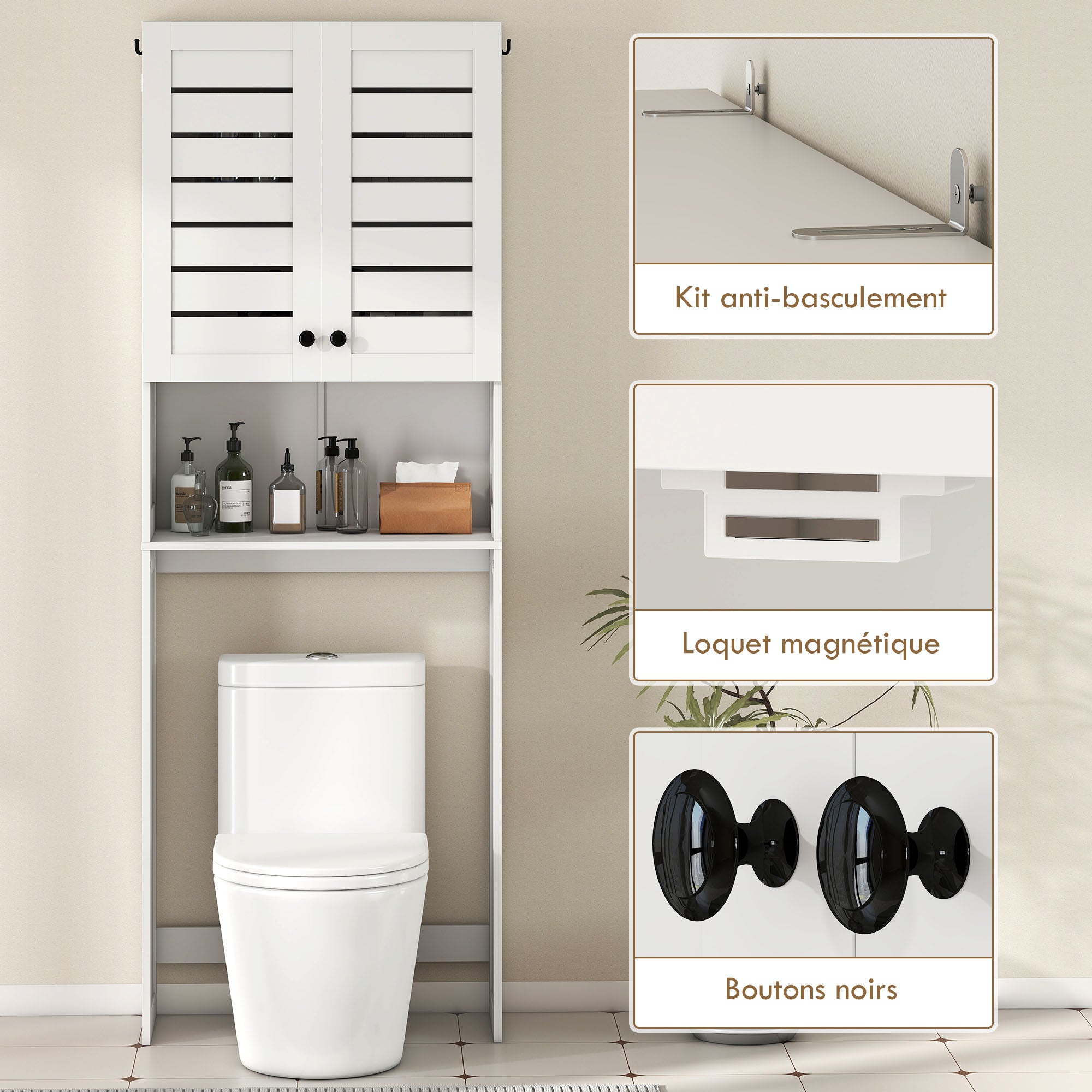 Mobiletto copri-WC/lavatrice con armadietto a doppia anta, ante a persiana, 67x31,5x190cm, bianco