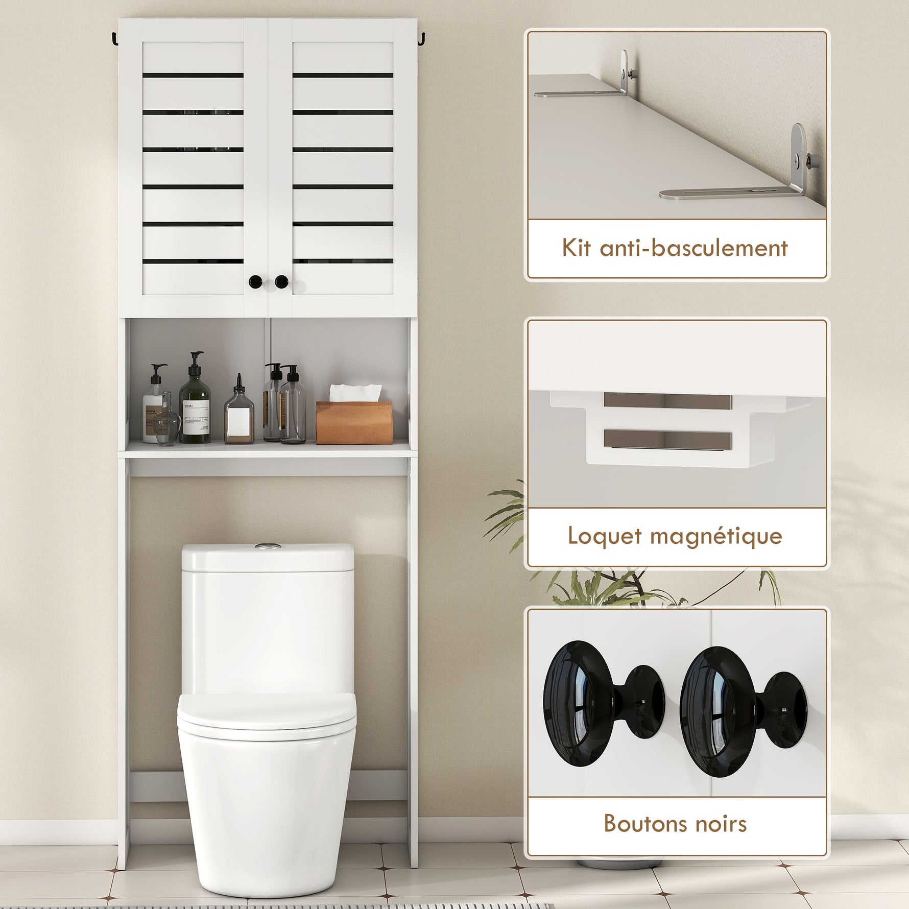 Meuble WC dessus de toilette/machine à laver avec placard à porte double, portes à persiennes, 67x31,5x190cm, blanc