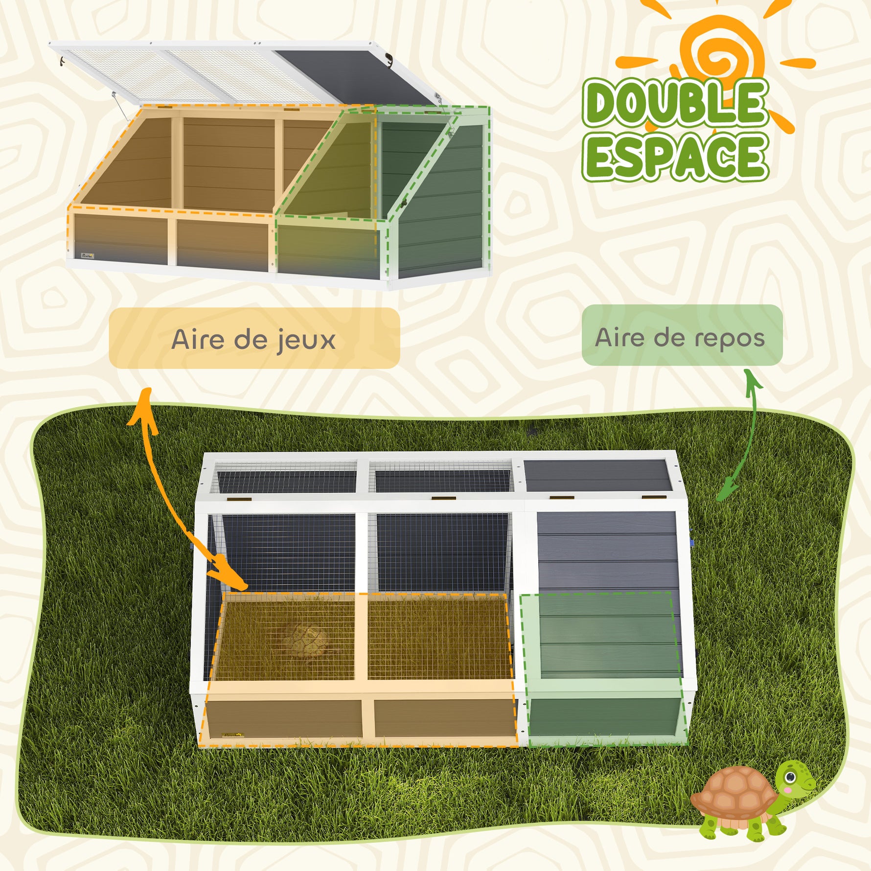 Maison enclos cage pour petit animal tortue en bois avec couvercle ouvrable, loquets, 2 espaces distincts, gris