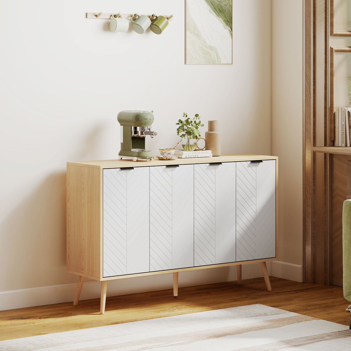 Buffet bas meuble de rangement 2 placards 4 portes motif chevrons étagères réglables 120 x 35 x 77,4 cm blanc