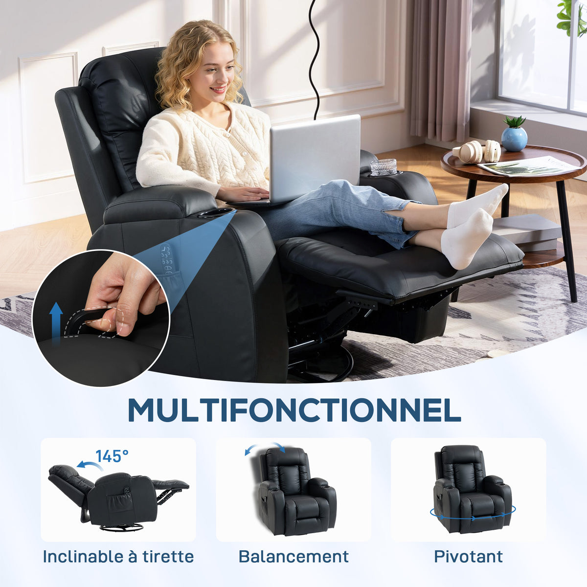 Fauteuil inclinable de massage et chauffage, fauteuil de relaxation, dossier réglable, pivotant 360°, 82x99x103cm, noir