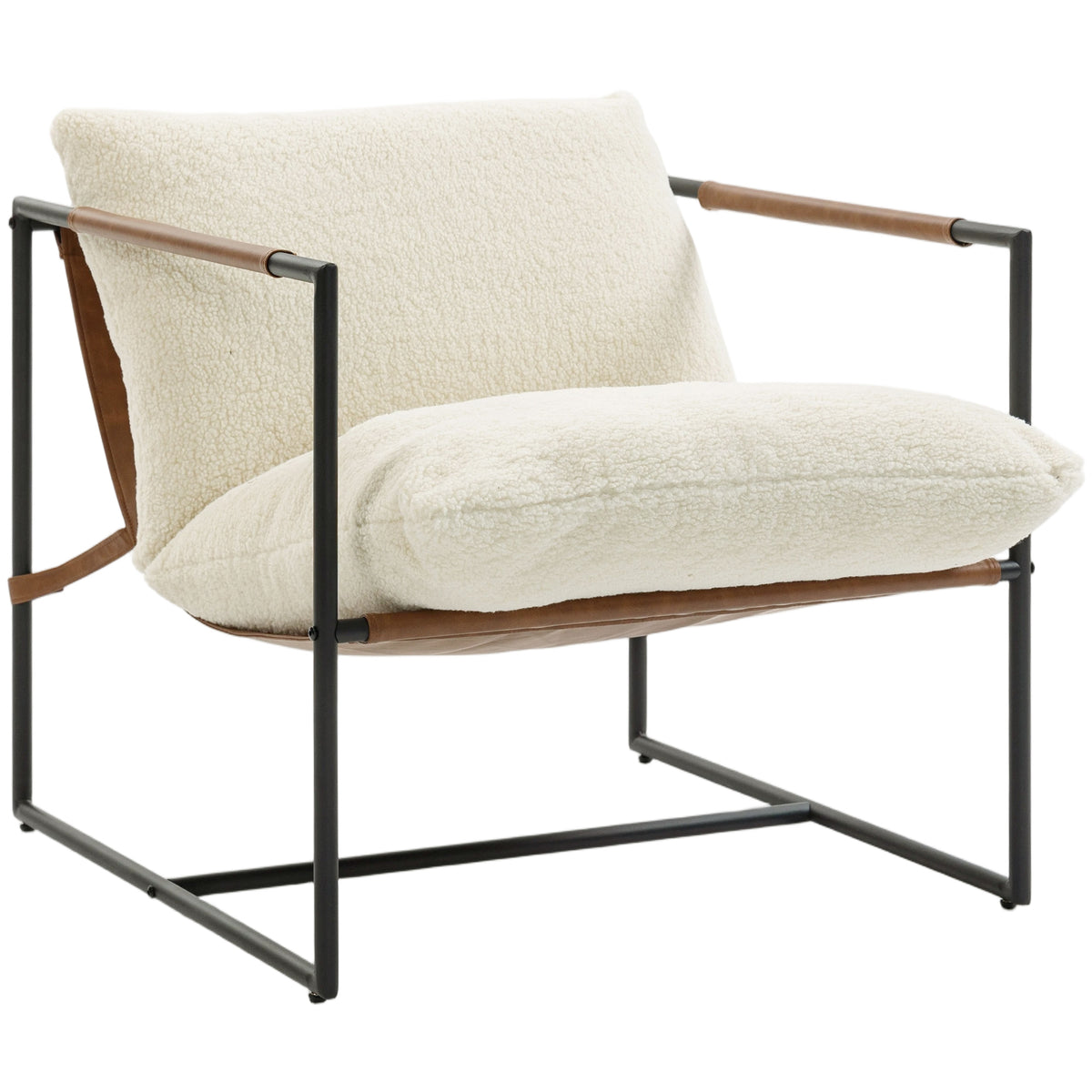 Sillón de salón, sillón auxiliar tapizado en tela de borreguito, asiento ancho y estructura de acero, 77x91x80cm, crema