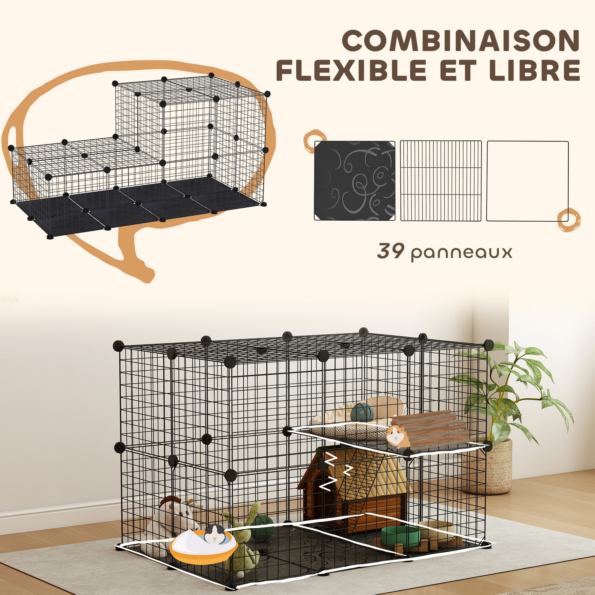 Enclos pour petits animaux, cage à lapin modulable 3 niveaux, 39 panneaux avec  rampes, en métal, 70 x 70 x 105 cm, noir