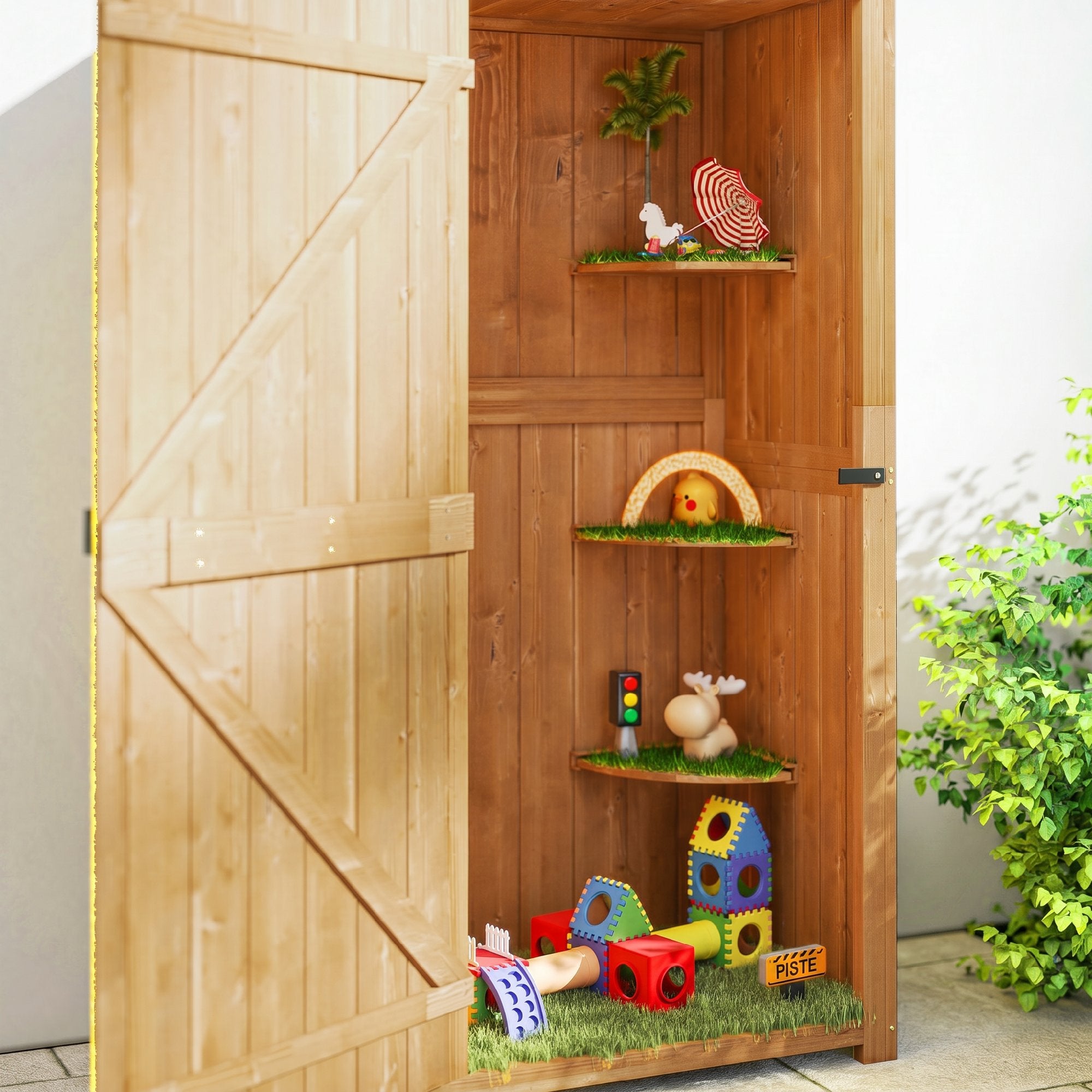 Armoire de jardin extérieur abri de jardin en bois abri pour outils 3 étagères 2 Portes loquets Toit Pente bitumé rangement et stockage extérieurs pour terrasse 77 x 54 x 179 cm jaune