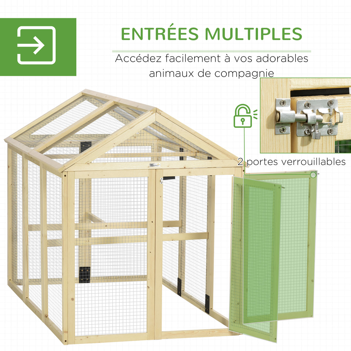 Enclos poulailler en bois cage à poules parc grillagé 140 x 88,5 x 106 cm naturel
