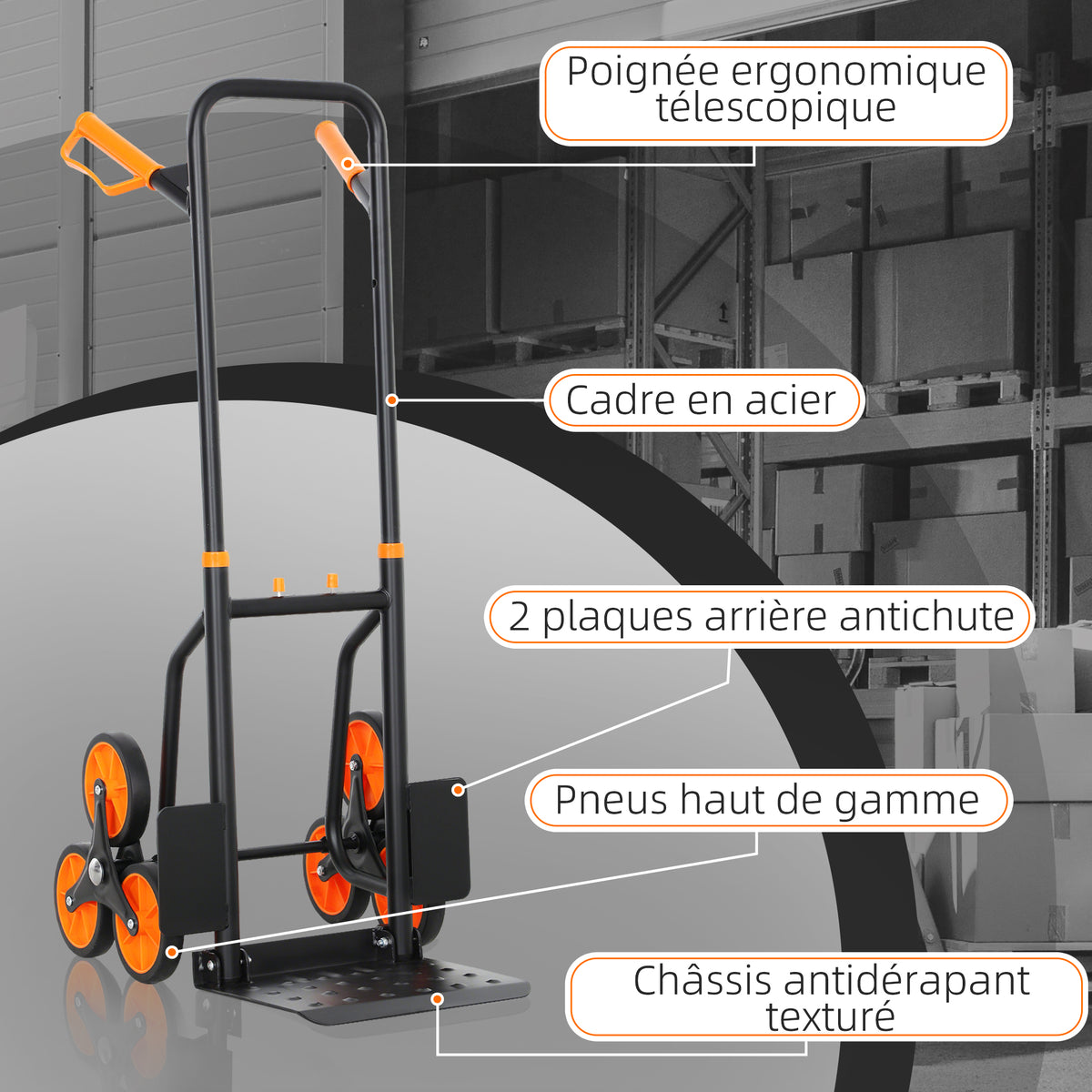Treppensteiger-Sackkarre klappbar 120 kg 6 Räder, Stahl-Transportkarre mit Spanngurten, 44x67x106,5 cm, orange