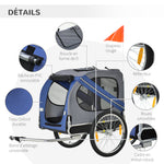 Remorque vélo pour chien animaux 8 réflecteurs drapeau barre attelage inclus acier polyester imperméable max. 30 Kg 130L x 73l x 90H cm bleu