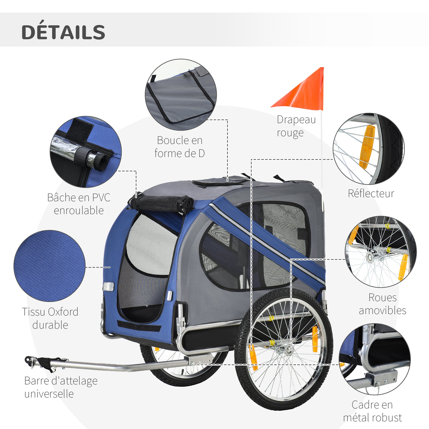 Remorque vélo pour chien animaux 8 réflecteurs drapeau barre attelage inclus acier polyester imperméable max. 30 Kg 130L x 73l x 90H cm bleu