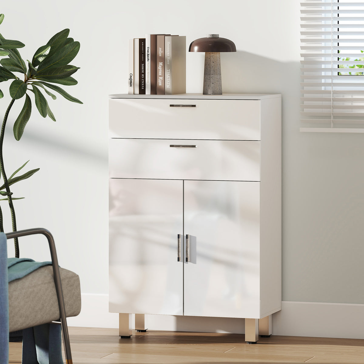 Mobile bagno con 2 cassetti, armadietto a doppia anta e ripiani regolabili 60 x 30 x 93 cm bianco lucido