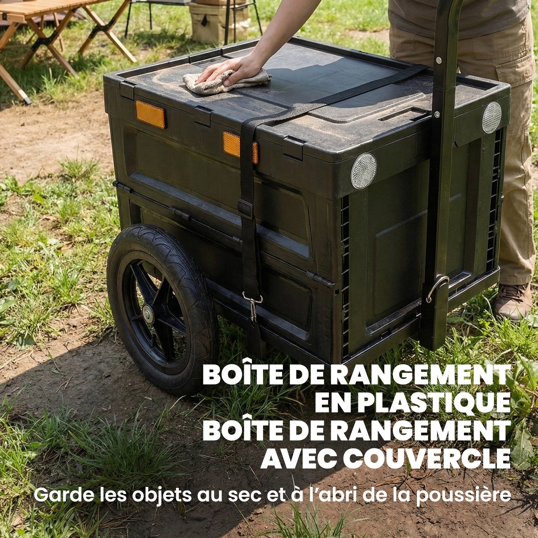 Remorque Vélo Cargo Chariot de Transport Pliable Caisse Plastique 65L Couvercle Dégagement Rapide 145x51,5x72cm Noir
