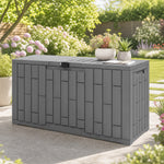 227 L Lockable Outdoor Storage Box with Gas Spring, Wood Look, 106.5x43x54.5cm, Gray