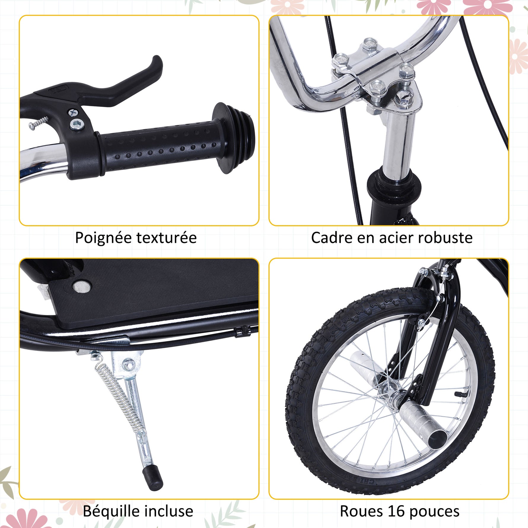 Trottinette patinette Grandes Roues pneumatiques Ø 41 cm Hauteur Guidon réglable béquille pegs Inclus Acier Noir