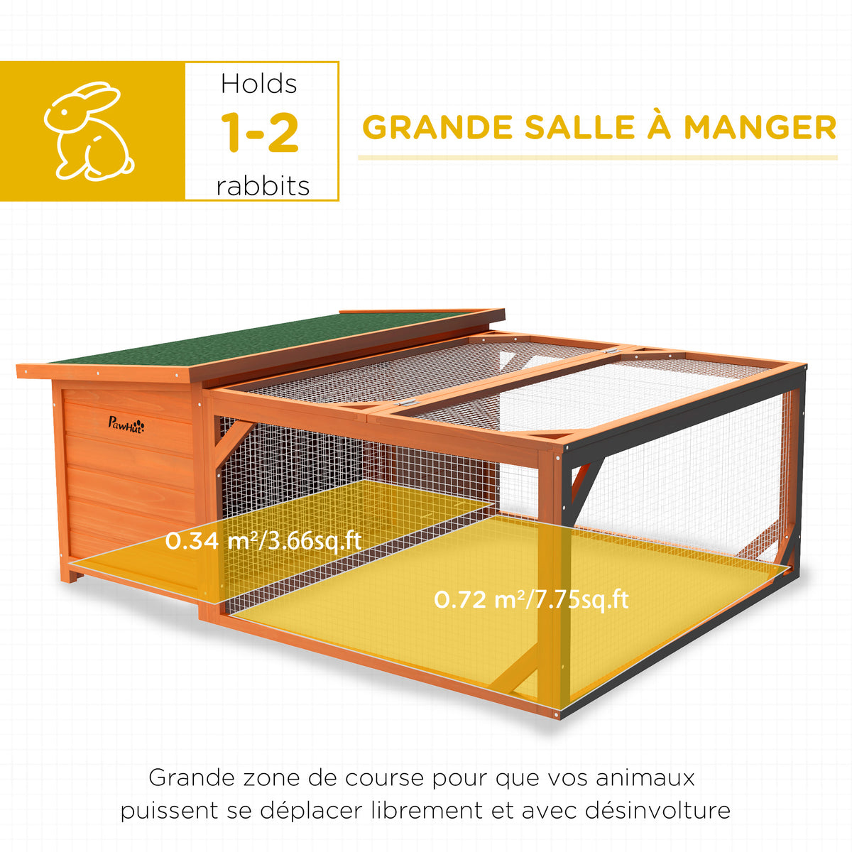 Clapier d'extérieur, cage lapin avec enclos, toit en asphalte, cadre en bois, 125,5 x 100 x 49 cm, orange
