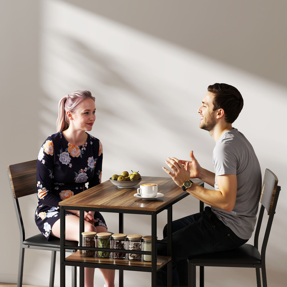 Conjunto de mesa de bar con 2 taburetes, mesa alta de cocina y 2 sillas de bar acolchadas de PU, nogal