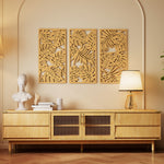 Ensemble de 3 Décorations Murales en Bois 3D, 40 x 80 cm, Feuilles Tropicales, Effet Bois Naturel