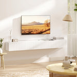 Meuble TV suspendu 180cm, meuble télé pour téléviseur 72 pouces, 2 portes rabattables, 180x25x22cm, blanc