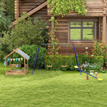 Holz-Sandkasten in Hausform für Kinder mit Vordach, 2 Becken, Spüle und Tafel, 124 x 116 x 146 cm, Schwarz