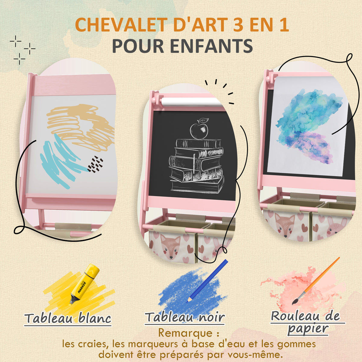 Kids' double-sided easel chalkboard with paper roll, 2 baskets, 54 x 46.5 x 93 cm, pink