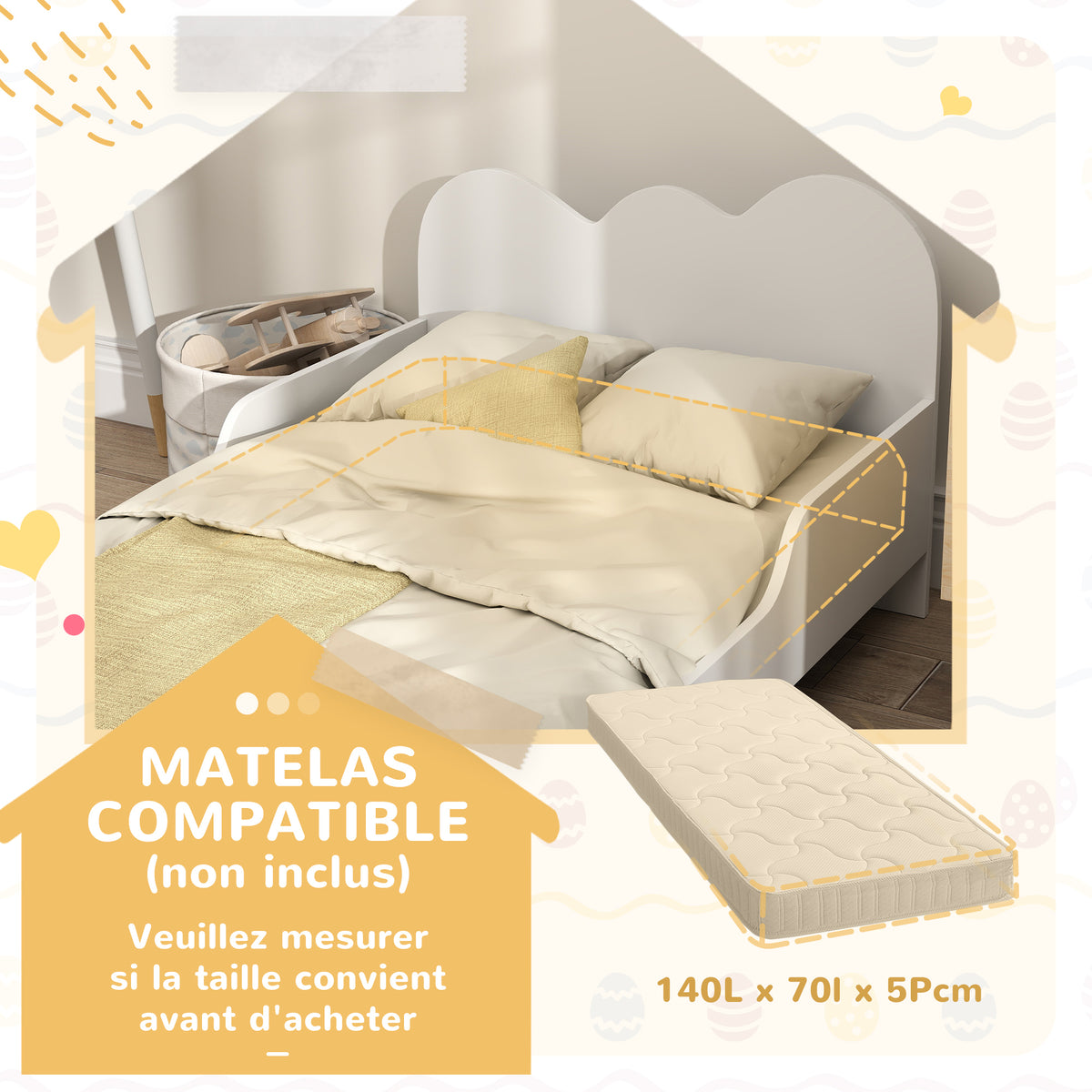 Toddler floor bed 70x140 cm with safety rail, slatted base included, and cloud decorations, white