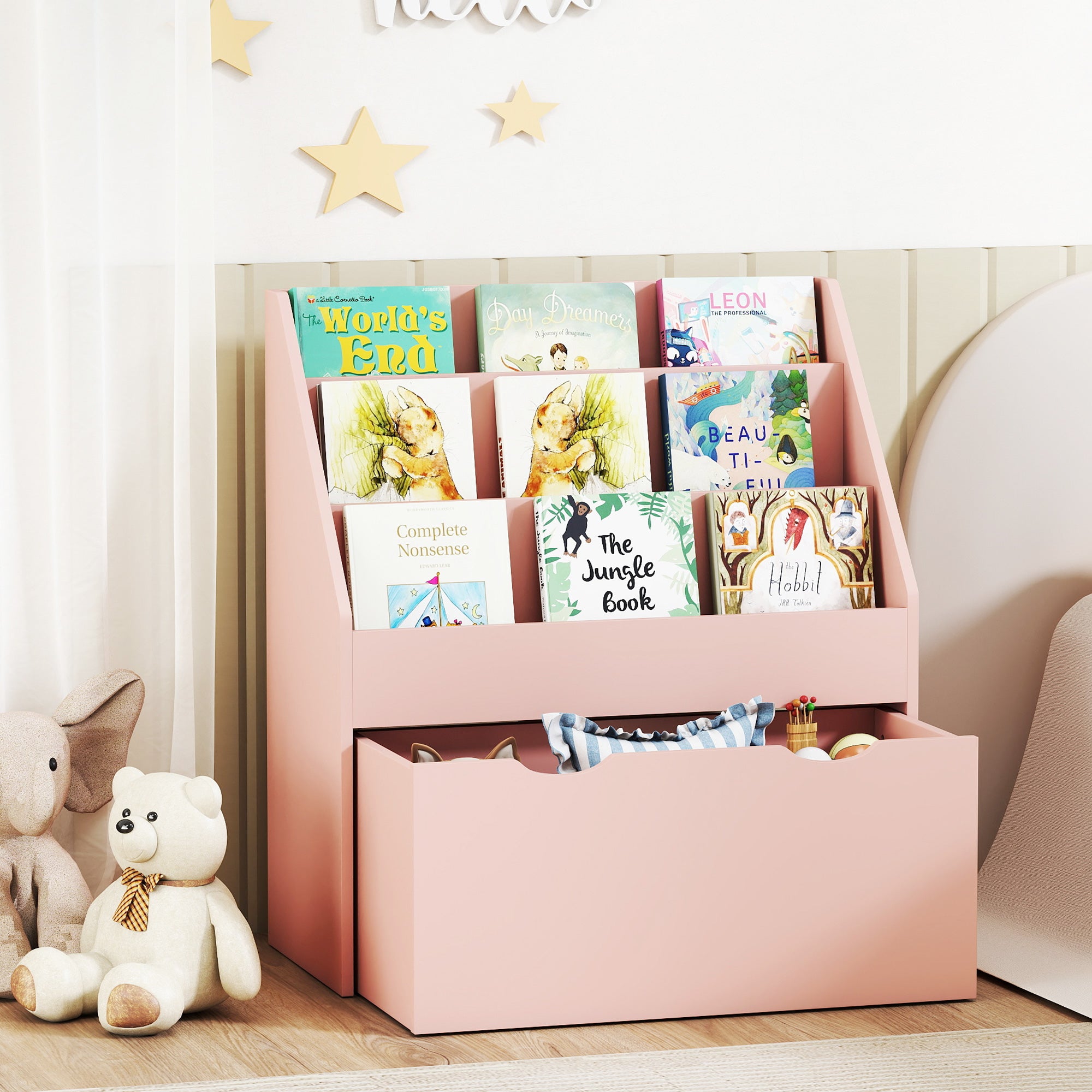 Bibliothèque pour enfants Multi-Rangement avec 3 niveaux d'étagères et un tiroir, 62,5L x 30l x 70H cm, rose