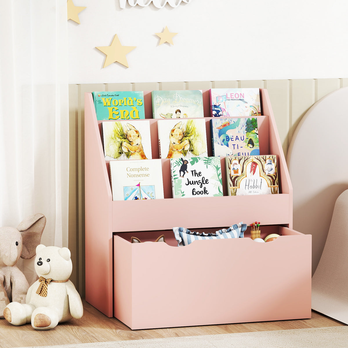 Kinderboekenrek met 3 legplanken en een lade, 62,5L x 30B x 70H cm, roze