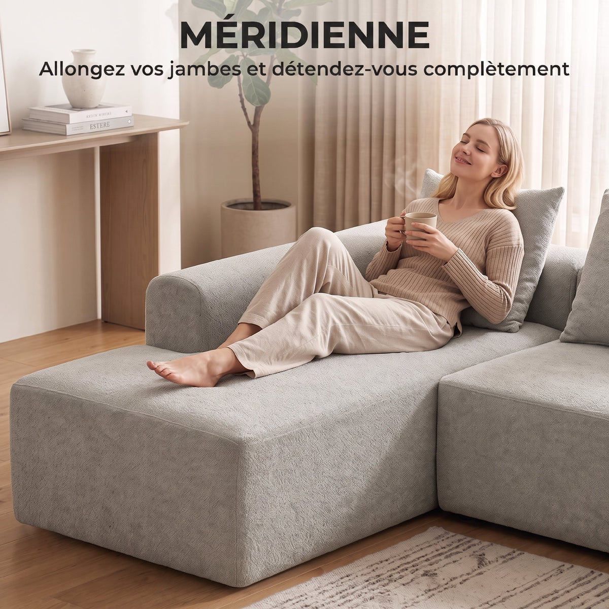 Canapé d'Angle en Chenille, Canapé 3 Places en L 242 cm avec Méridienne, Assise Profonde, Accoudoirs Larges, Gris Clair