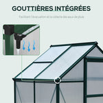 Serre de jardin polycarbonate 190 x 132 x 201 cm résistant aux UV 30+ fondation renforcé gouttière vert foncé