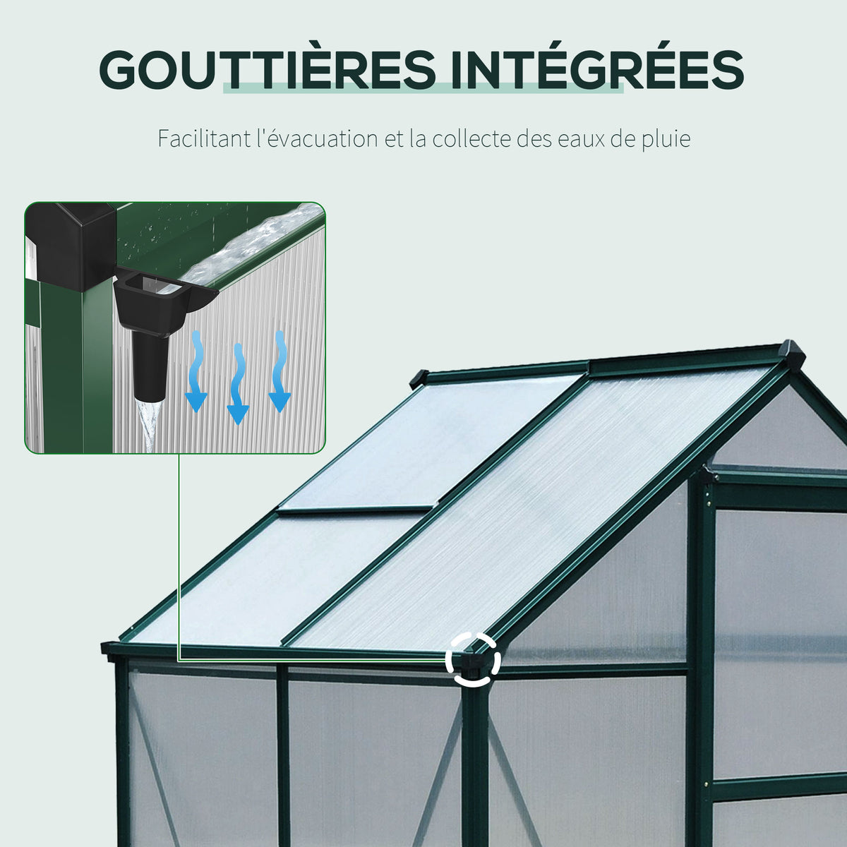 Serre de jardin polycarbonate 190 x 132 x 201 cm résistant aux UV 30+ fondation renforcé gouttière vert foncé