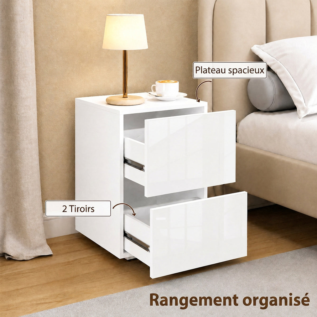 Set di 2 Comodini, Tavolini con 2 Cassetti, Frontali Lucidi, Ampio Piano, 40x40x58cm, Bianco