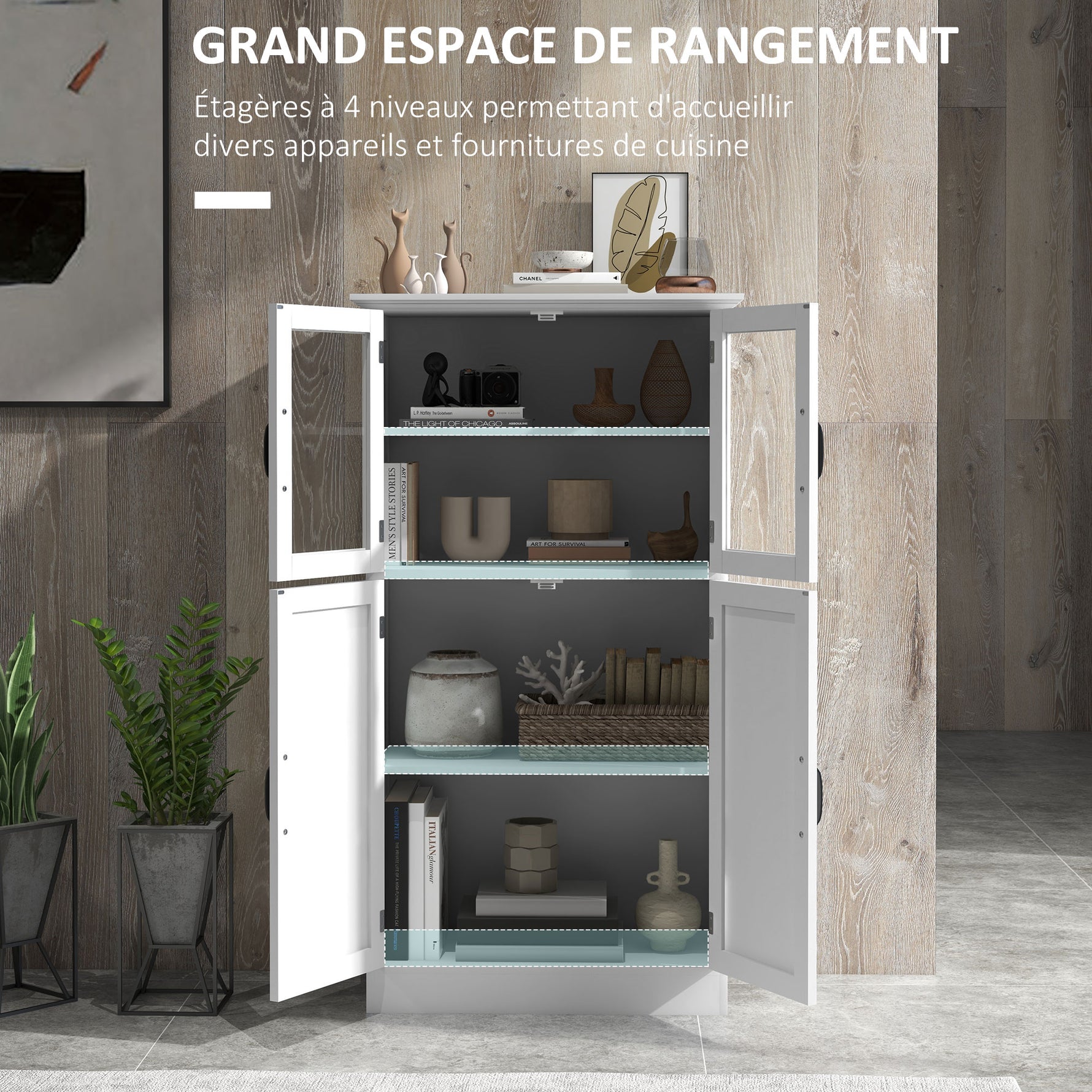 Buffet de cuisine armoire multi-rangements 2 placards, portes en verre, 4 étagères en bois blanc