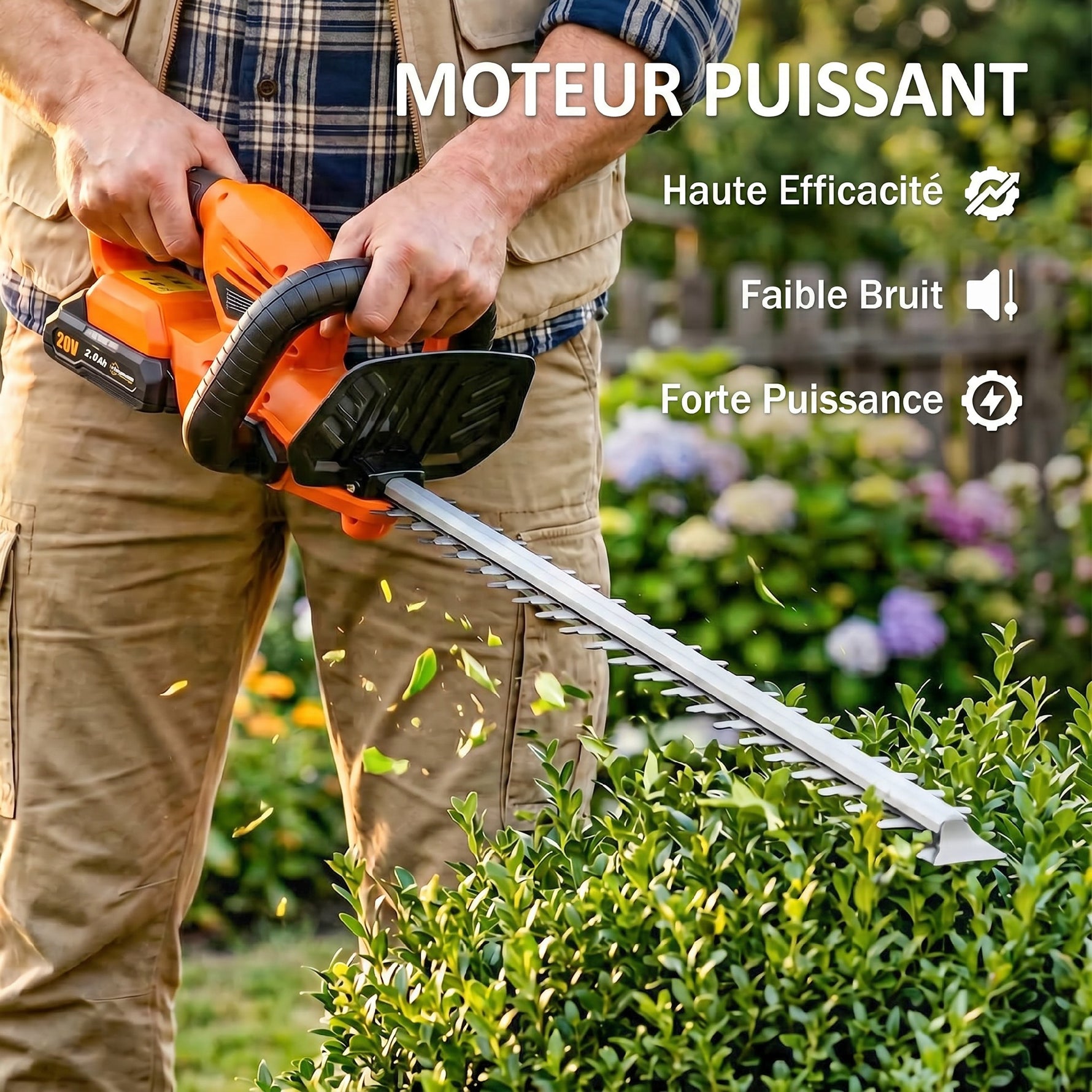 Taille-Haies Électrique 100 W, Lame 51 cm, Batterie 2,0 Ah et Chargeur, Orange
